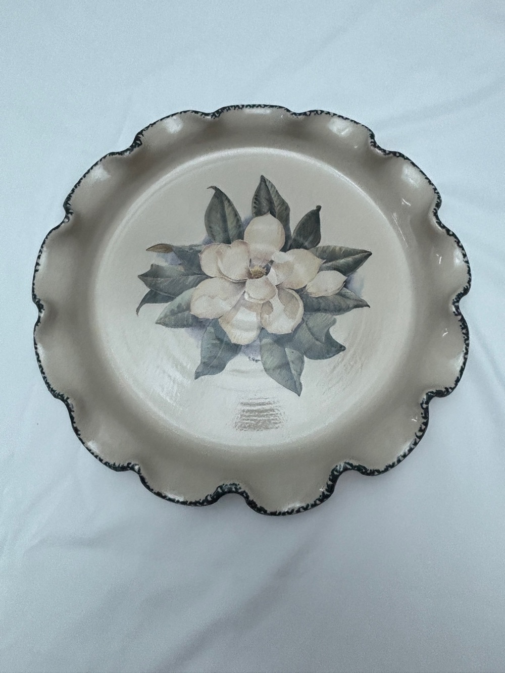 Vintage Casey Pottery Stoneware Pie Baking Dish with Magnolia Ruffled Edge